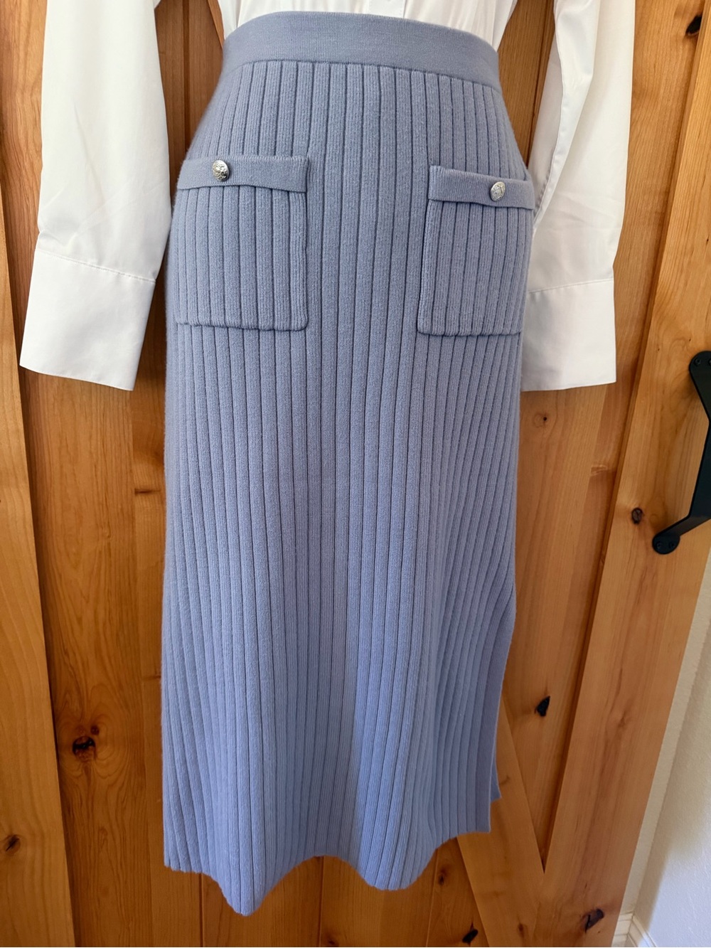 Vintage 90s Christian Lacroix Periwinkle Ribbed Knit Midi Skirt Y2K Minimalist L - Picture 2 of 13